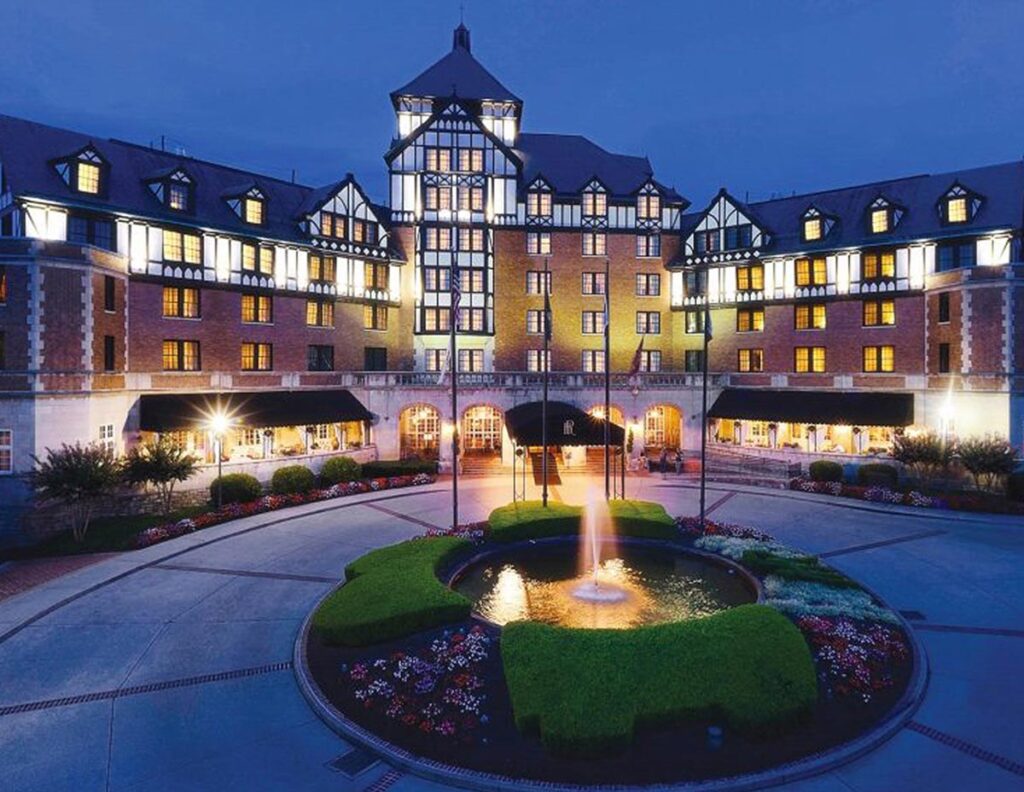 Exterior front of Hotel Roanoke at night